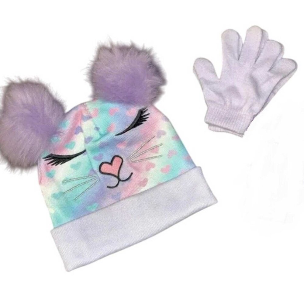 Miss Gwen OMG Girl's Bella Hearts Printed Pom Pom Beanie & Gloves Set (4446)